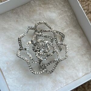Lord and Taylor diamanté rose brooch silver 2” wide